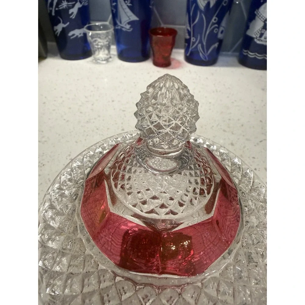 Westmoreland English Hobnail Crystal Ruby Flashed Candy Dish Mid Century Glass